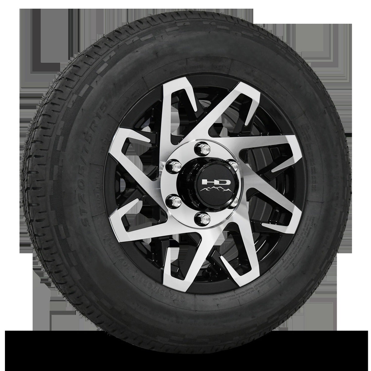 15 INCH | 6 on 5-1/2 | CANYON Aluminum Trailer Wheel w/ Radial Tire Assembly | Gloss Black with Machined Face ( 1pc )