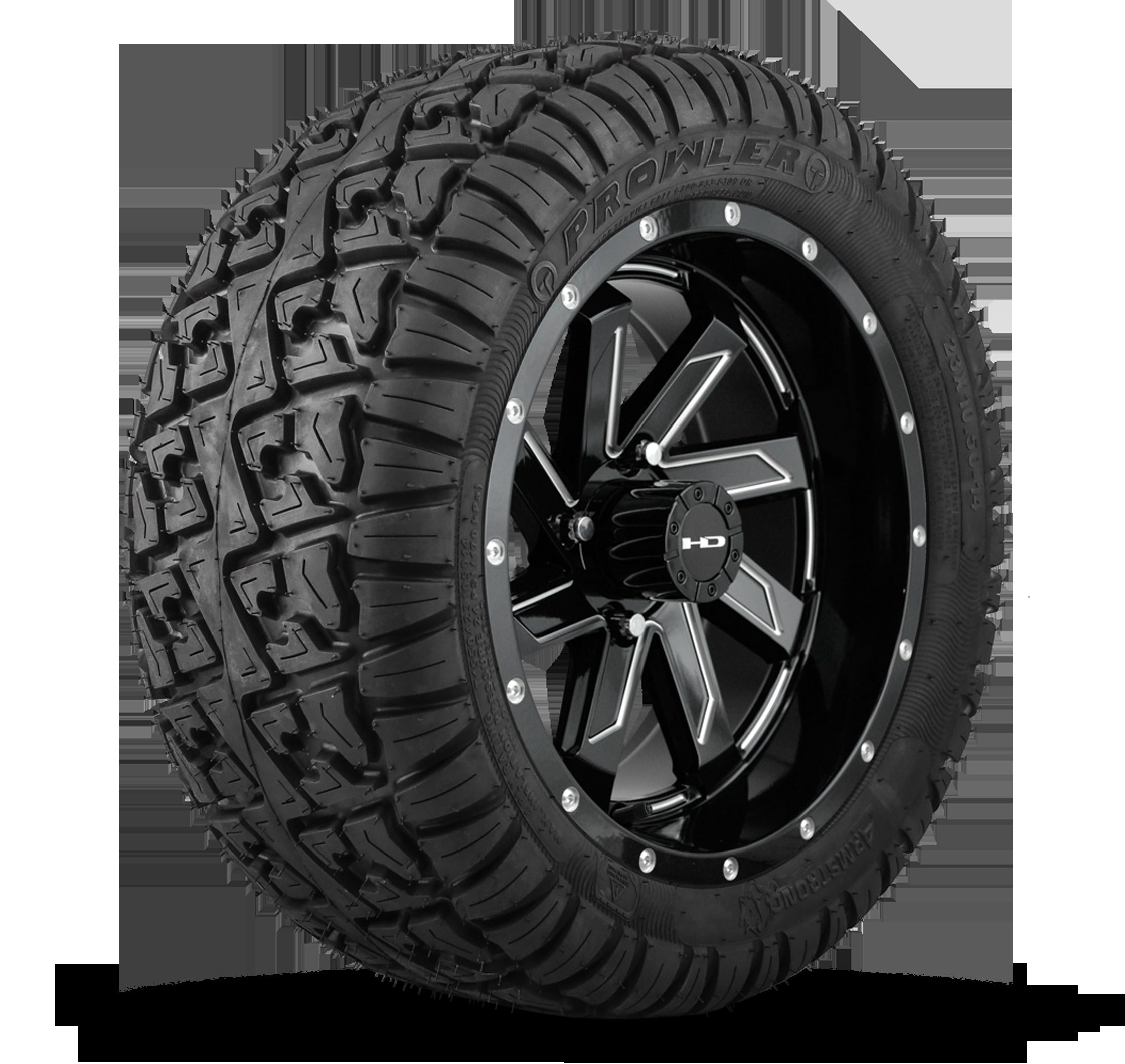 HD Golf Wheel & Tire Package ( 1pc ) 12x7.0 SAW Gloss Black Milled Edges w ( 1pc ) 23 Inch A/T Tire