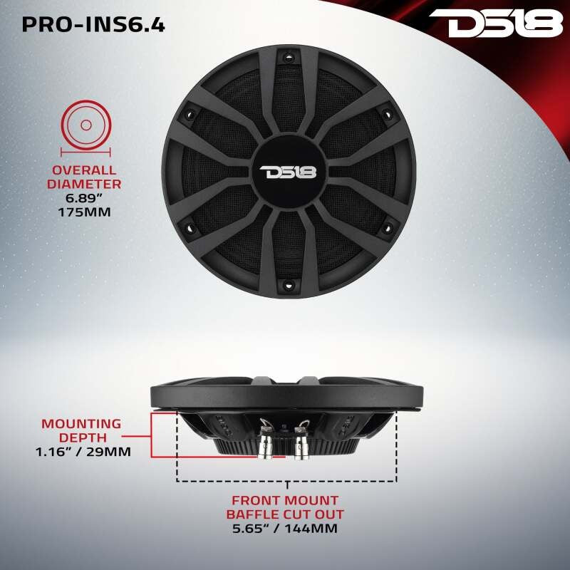 DS18 6.5in 120 Watts RMS 4ohm Neodymium Ultra Shallow Mid-Range Grille Included w/ Cloth Protection